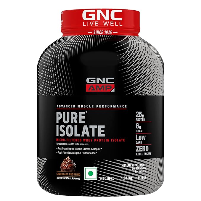 GNC AMP Pure Isolate Low Carb | Boosts Athletic Performance | Builds Lean Muscles | Speeds Up Recovery | Increases Strength  | 25g Protein | 6g BCAA | Chocolate Frosting | 4 lbs